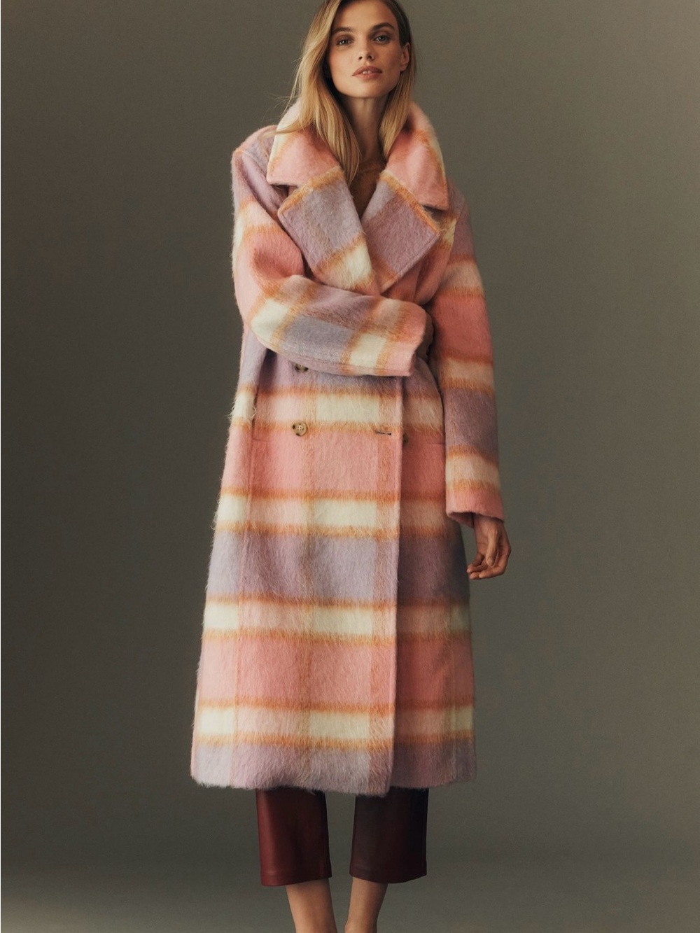 Anthropologie Maeve Pastel Plaid Long Faux Fur Peacoat Winter Coat - Large